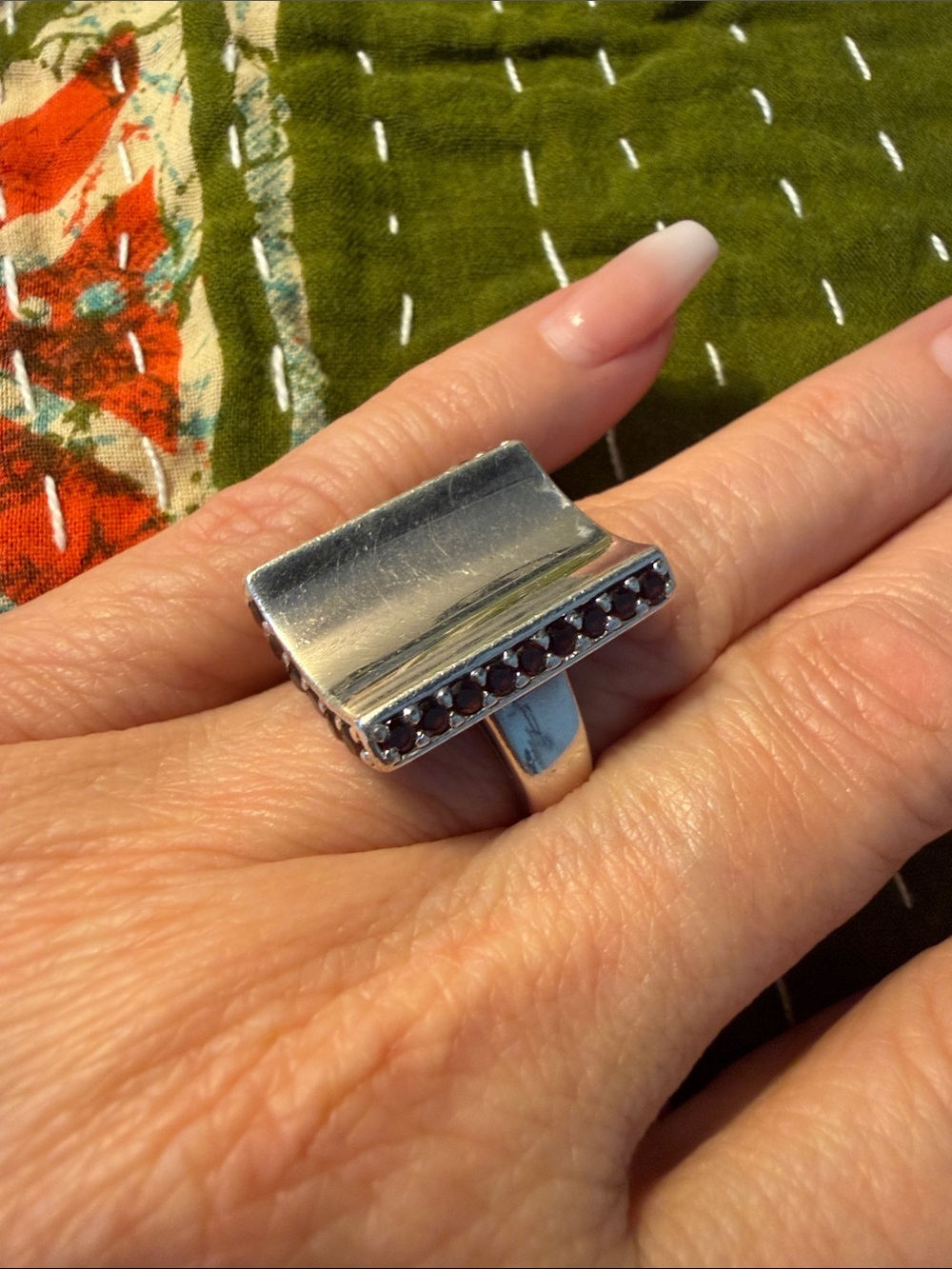 Modern Rectangular Sterling Silver Ring with Garnet Rows On Every Side